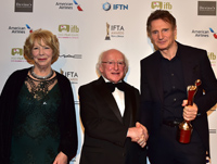 	President Michael D. Higgins and wife Sabina with Liam Neeson 	