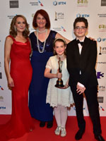 	Emma Donoghue – Recipient of Best Script Film IFTA for Room with her two children and Guest Presenter Cathy Belton	