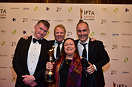 George Morrison Feature Documentary IFTA Winners for In A House That Ceased To Be. Director Ciarín Scott (holding the statuette), producer Paul Duane (left), DoP Steve O’Reilly (middle) and editor Tony Cranstoun (right)