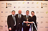 Song of the Sea wins the IFTA Award for Best Film. From left to right, Will Collins (writer), Paul Young (producer), Tomm Moore (director) with IFTA Awards host Caroline Morahan